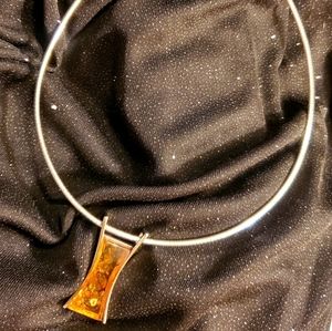 Sterling Snake Hoop Necklace with Amber Pendant